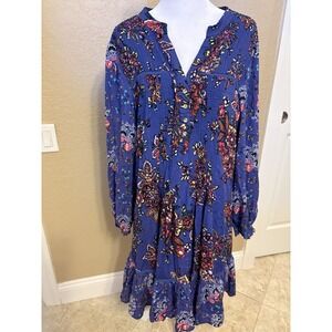 Anthropologie Diana Pintucked Tunic Dress, Purple Floral, Boho, Flounce Hem. Med